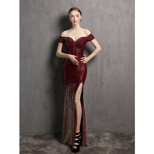 XUCTHHC Sexy Backless Off Shoulder Evening Dress Slim Slash Neck Sequins Formal Party Gown Side Split Women Vestidoes New