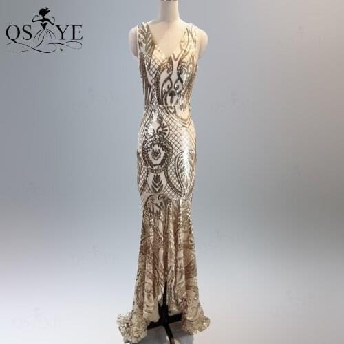 Gold Evening Dresses Mermaid Long Prom Gown Glitter Sequin Party Dress V Neck Lace Formal Gown Sparkle Women Dress Sweep Train
