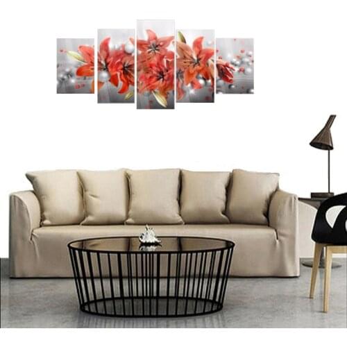 No Frame)5PCS/Set Flower Fashion Wall Art Canvas Painting Pearl Lilies Flower Modern Home Decoration,Choose Color:3 And Size:3