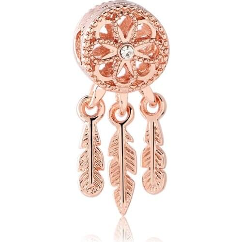 5PCS Hollow Blessing Dreamcatcher Feather Rose Gold Metal Charms Beads Fit Handmade Pendants Original Bestfriend Jewelry Making