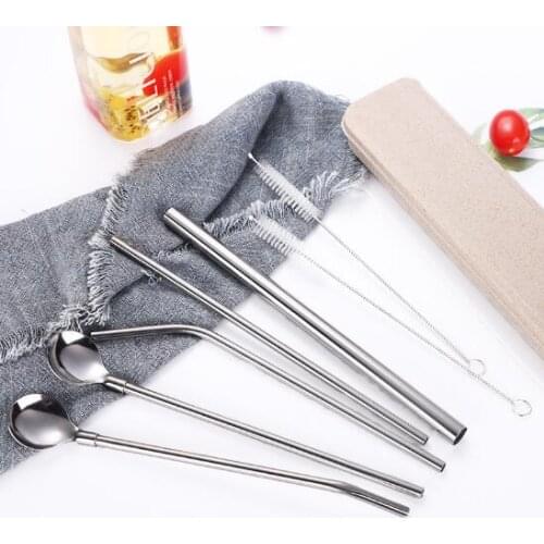 7 pieces of 304 stainless steel straws creative portable box home eco-friendly pearl milk tea drinking spoon