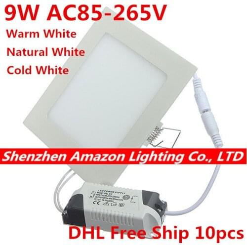 9W Recessed LED Ceiling Light Square LED Panel Light Down Light with driver AC85-265V LED Lamp 10pcs/lot, DHL Free Shipping