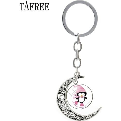 TAFREE ice skating keychain Cute cartoon penguin baby cabochon charming moon pendant keychain sleutelhanger ring jewelry ST21