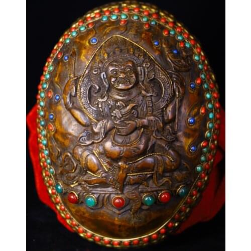 7"Tibet Buddhism Old silver inlay Dzi Bead Gem Skull head Four-armed Mahakala Bowl Kapala Skull Cup Gabala Bowl