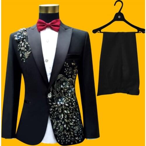 Black Sequin flower Blazer men suit set pants mens wedding suits singer star style dance stage clothing formal dress