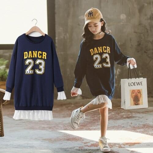 Kids Girls Dresses Spring Lace Patchwork T-shirt Dress Cotton Long Sleeve Letter Print Clothes Teenage School Girls Clothing