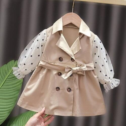 Baby Dress 2021 New Fall long -Sleeve Lapel Collar Lace Stitching Windbreaker Dress Korea Fashion Baby Clothes For 0-24M
