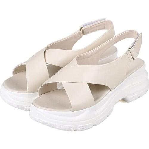 EGTPINAOP Sandals Women Summer New 2021Genuine Cow Leather Shoes On Heels Platform Sandals Comfortable Casual Sole Solid Fabric
