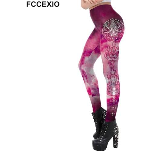 FCCEXIO Pink Workout Leggings For Women Mandala Series Fitness Leggins India Aztec Round Ombre Flower Pants Outdoor Mid-Waist
