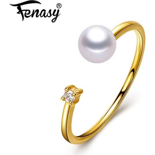 FENASY Wedding Engagement Jewelry Brand 18K Yellow Gold Rings Natural Round Pearl Ring For Women
