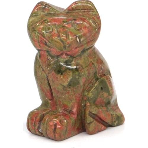 Cat Figurine Natural Gemstone Unakite Stone Crystal Healing Statue Rock Decor 1.5"
