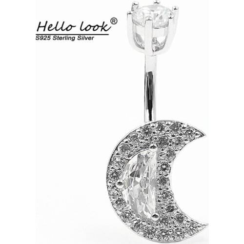 HelloLook 925 Sterling Silver Belly Piercing Button Ring Moon Style Cz Navel Piercing Body Jewelry For Women