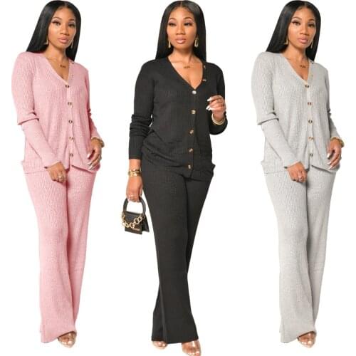 Women Fashion Ribbed Button Knitted Cardigan Long Sleeve Shirt Elastic Waist Pants Matching Sets Casual Home Wear Two-piece Set