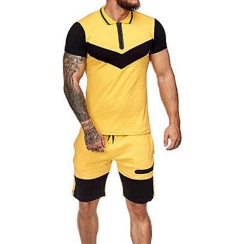 Men Tracksuit Color Block Drawstring Men Short Sleeve Lapel T-shirt Shorts Set Mens Sets breathable Streetwear Outfit Summer