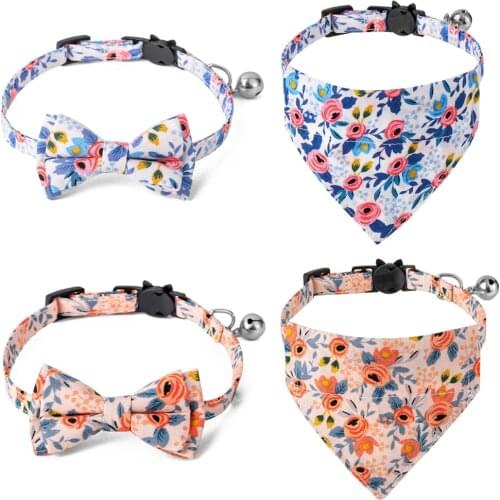 Cute Adjustable Cotton Dog Collar Small Floral Print Cat Collar The Spring Cat Bow Tie Cat Saliva Towel with Bells Pet Accessory