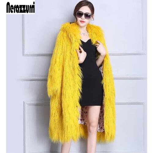 Nerazzurri Faux Fur Coat Winter Women 2018 With Hood Long Yellow Hairy Furry Fake fur Overcoat Oversized Loose Fluffy Outerwear