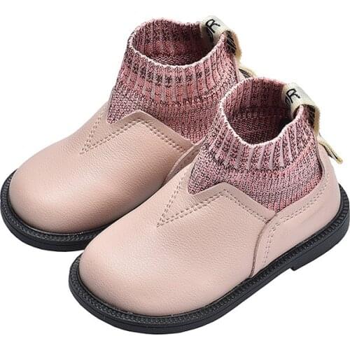 Autumn Winter Fashion Girl Boots Warm Pu Leather Shoes Children Maritn Boot Boy Fashion Knitting Slip-on Shoe Kid Casual Sneaker
