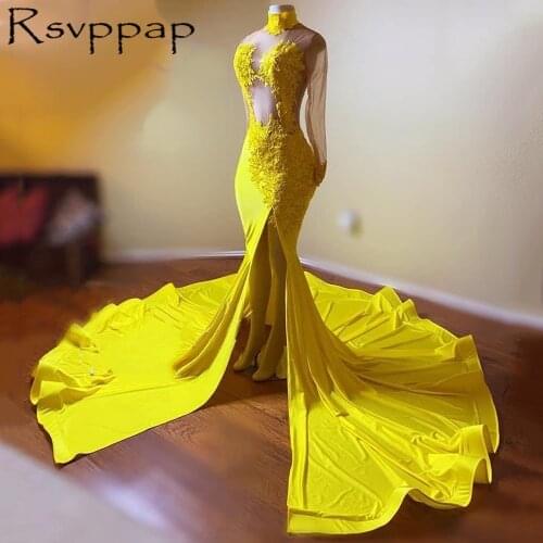 Sexy Long Mermaid Prom Dresses 2021 Exquisite Beaded Appliques Shee Top High Slit Long Sleeves African Style Prom Dress
