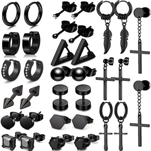 17 Pairs Earrings for Men Black Stud Mens Stainless Steel Black Earrings for Men Women Jewelry Piercing Hoop Earrings Set
