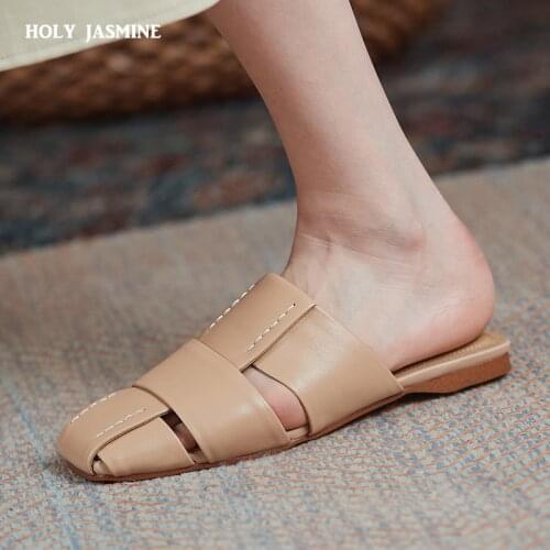 2021 New Muller Shoes Slippers Women Slip on Slides Fashion Brand Square Toe Leather Flat Sandals Female Outdoor Casual Slippers