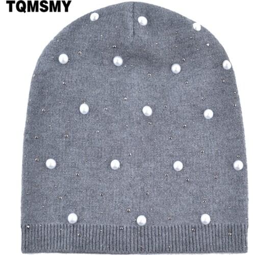 Pearl rhinestone hat Solid color bonnet womens knitted Beanies girls casual Turban cap Ladie autumn gorro winter hats for women