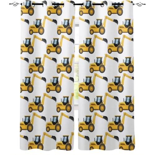 Yellow Excavator Mechanical Car White Modern Curtains for Living Room Bedroom Kitchen Curtains Drapes Window Treatments