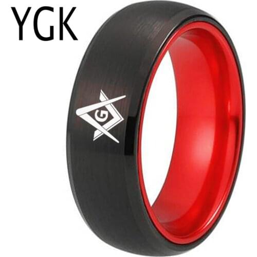 YGK Wedding Jewelry Ring For Masonic Mason Mens Black Tungsten with Red Anodized Aluminum Inlay Ring