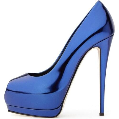 Women Shoes Platform Sexy Peep Toe Royal Blue Stiletto Pumps Thin High Heels Shallow Slip On Woman Nightclub Shoes Big Size 43