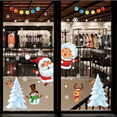 Funny Christmas Wall Stickers for Window Stickers Santa Claus reindeer Tree Snowman for Glass Decoration Xmas Decals Stickers
