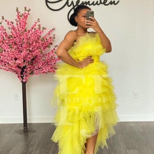 Yellow Tulle Women Asymmetrical Dress Extra Puffy Tiered Tulle Short Prom Gown Plus Size Custom Made