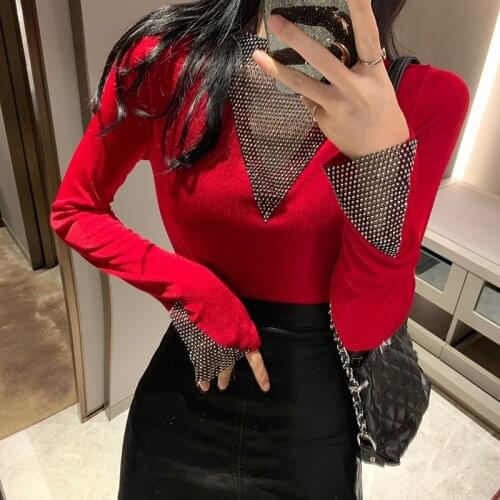 Autumn Winter Sequin T Shirt Women Long Sleeve Hot drilling Patchwork Slim Sexy Woman Mesh Black Tee shirt Women Tops 2020 DD01