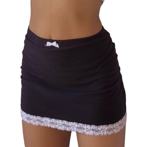 Women Casual Short Skinny Skirt, Black Elastic Waist Lace Hem Close-fitting Dress, S/ M/ L