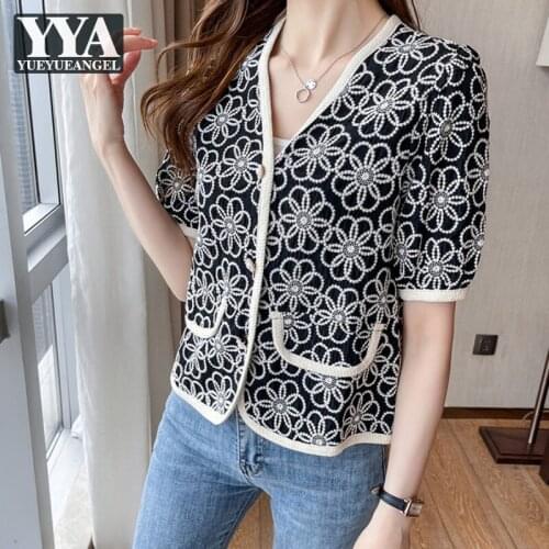 Summer Women Cardigan Jacket Short Sleeve Thin Flowers Embroidery Vintage Elegant Ladies Short Coats V Neck Casual Jackets 2021