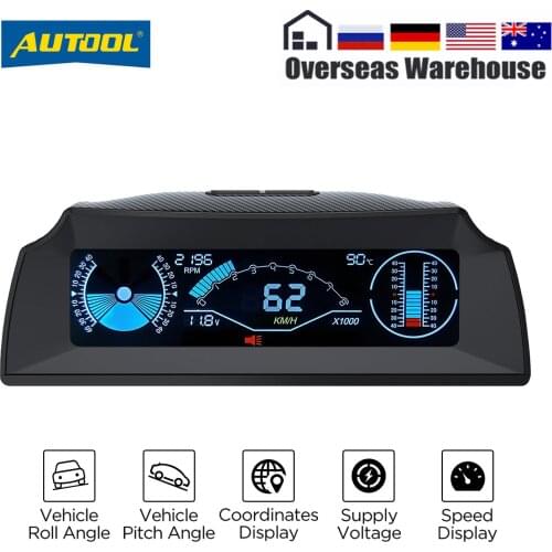 AUTOOL X90 Car HUD Head Up Display OBD II Gauge Electronics OBD2 Speedometer with Tilt Pitch Angle Protractor Latitude Longitude