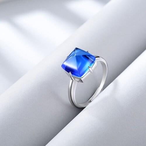 E S925 Sterling Silver Ring Blue Square Crystal Gemstone Weddings Band Rings for Women Girl Gift Adjustable Fashion Jewelry
