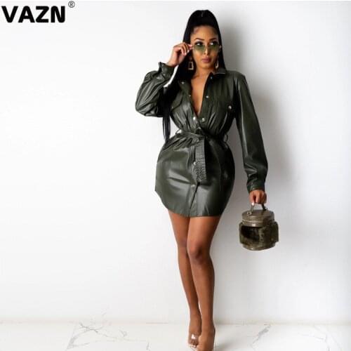 VAZN 2020 Hot High-end Leather Dress Plus Size Solid Office Elegant Young Full Sleeve Women Lace Up Top Straight Mini Dress