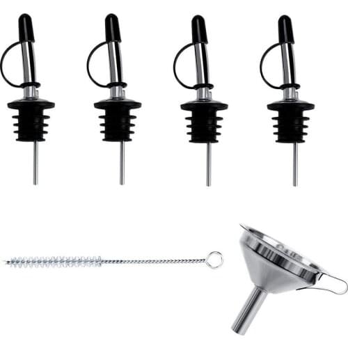 4PCS Olive Oil Spouts with Dust Caps Stainless Steel Bottle Pourers Tapered Spout 3/4" Bottle Mouth Funnels and Cleaning Brush