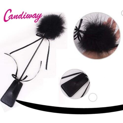 Candiway Black Soft Feather Lace Bow Whip With Thick Leather Tails Fetish Paddle BDSM Cosplay Bondage Adult Sex Game For Couple