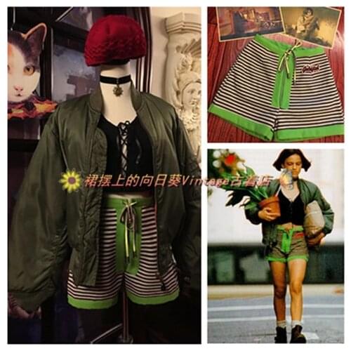 Movie Leon Mathilda Cosplay Suit Black Short Sleeve T-shirt; Green Striped Shorts; Green Coat; Red Knitted Hat; Necklace;Rabbit