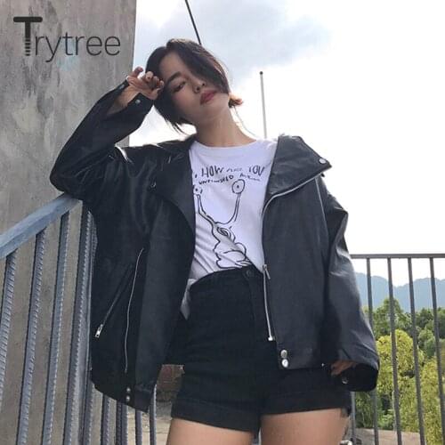 Trytree Womens Jacket 2020 Spring Winter Solid Cool Streetwear PU Jacket Zipper Pockets Wide-waisted Motorcycle Womens Coat