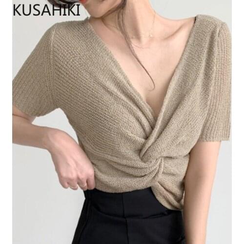 KUSAHIKI Chic Cross Sexy Women Knitwear 2021 Summer New Short Sleeve V-neck Knitted Tops Korean Solid Top Jumpers 6H705