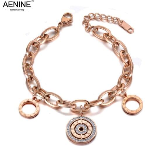 AENINE Trendy CZ Crystal Roman Numeral Bracelet Bangle For Women Stainless Steel Link Chain Bohemia Summer Beach Jewelry AB19122