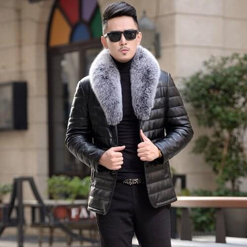 Winter Real Leather Jacket Men Duck Down Coat Warm Natural Fox Fur Collar Men Genuine Leather Jacket Plus Szie 5XL LX2476