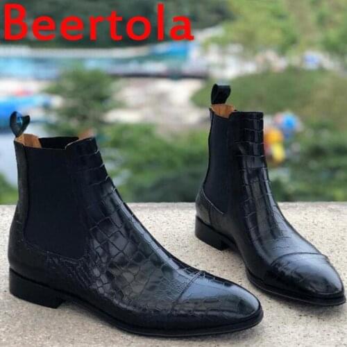 Stone Pattern Leather Slip-On Flat Chelsea Pointed Toe Boots Black Color Ankle Luxury Brand Beertola Autumn Winter Shoes Men