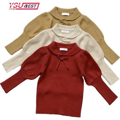 Spring Autumn Baby Kids Girls Puff Sleeve Pure Color Knit Sweater Bow 2021 Baby Kids Girls Pullover Sweaters Childrens Clothes