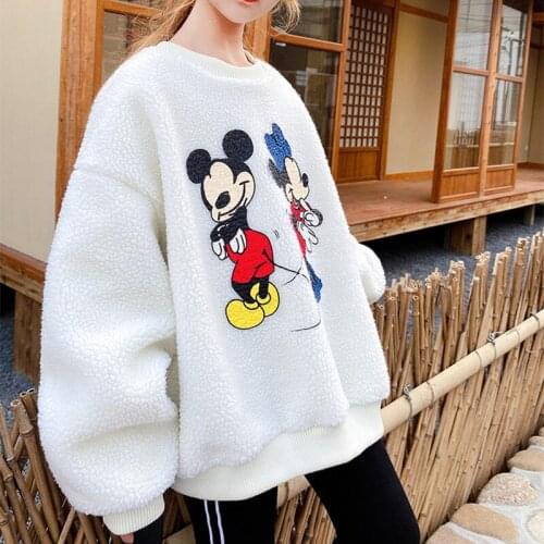 Disney Mickey Minnie Pullover Sweatshirt Winter Autumn Plus Velvet Sweater Childrens Jacket White Lamb Wool Tops Korean Style