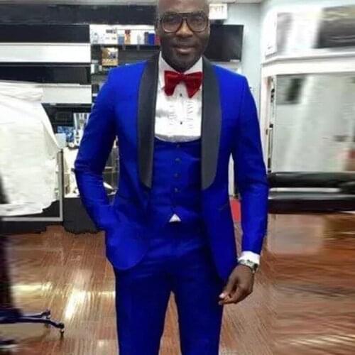 Royal Blue Groom Tuxedo for Wedding Black Shawl Lapel 3 Piece Slim fit Men Suits African Male Fashion Jacket Waistcoat with Pant