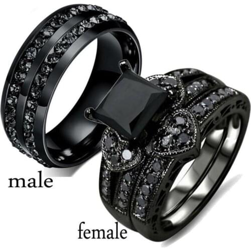 Titanium Steel Inlay And Womens Black Gold Princess Cut Heart CZ Crystal Wedding Engagement Band Bridal Rings Set Jewelry