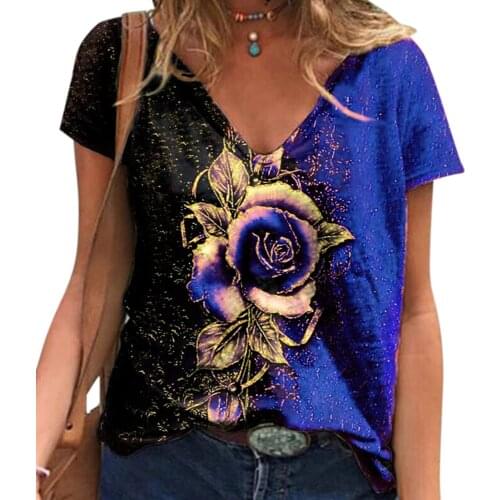 Summer Rose Print Short Sleeve Loose T-shirt Women Casual V Neck Fashion Top Fashion Streetwear Pullover Floral Female T shirt