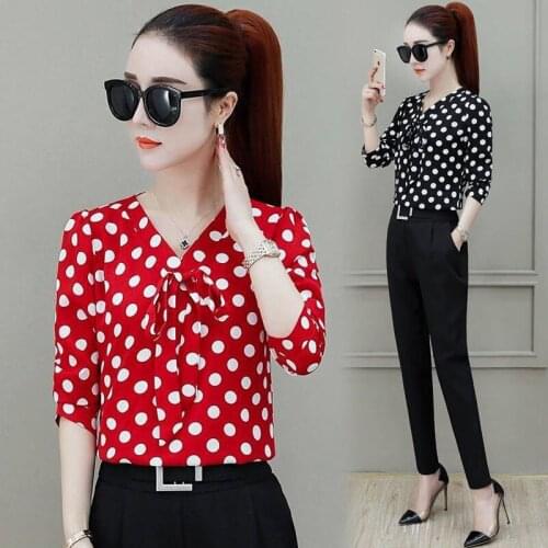 Ladies Autumn V-neck Polka Dot Casual Loose Printed Bottoming Shirt Womens Butterfly Festival Long Sleeve Chiffon Shirt Blouse